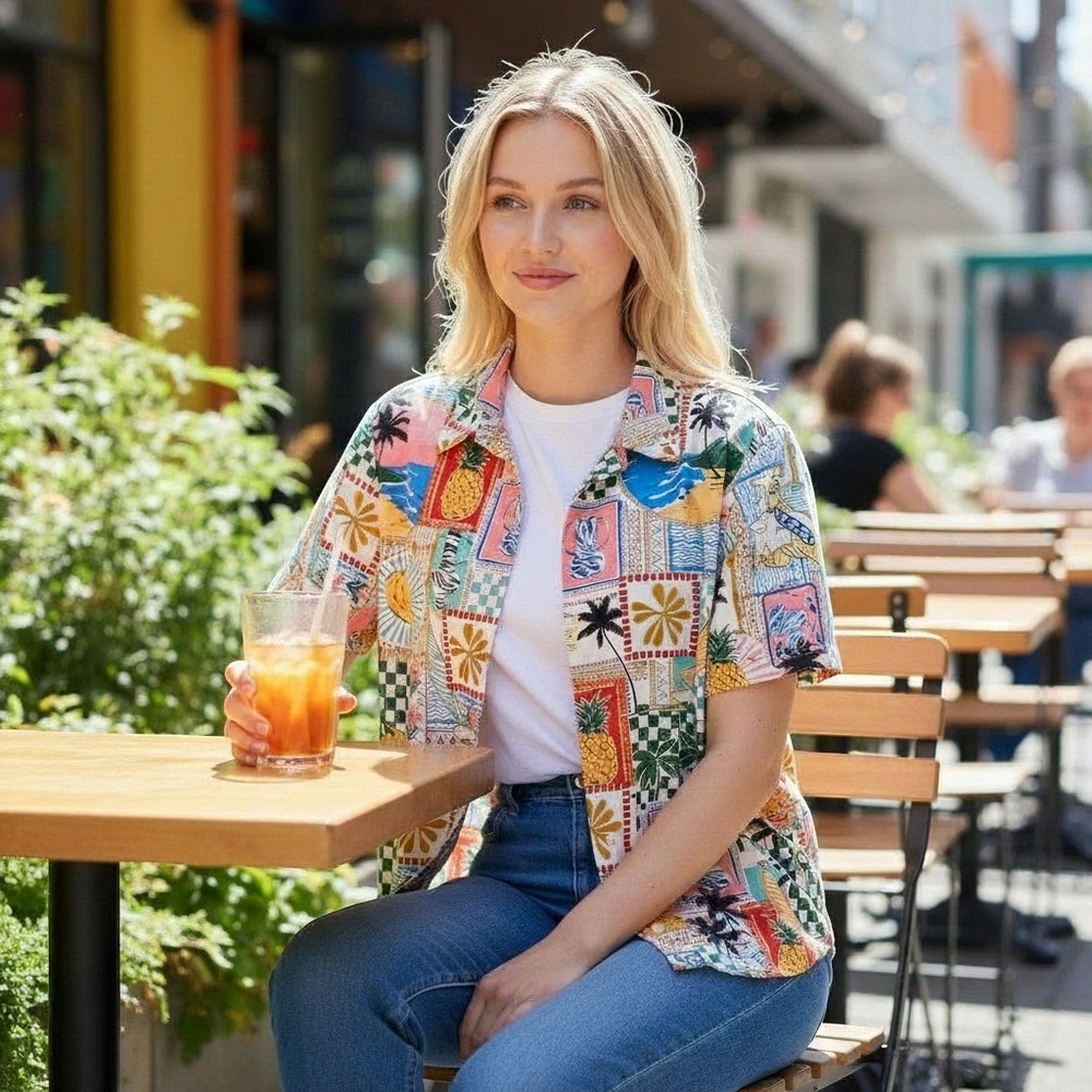 AQUA Tropical Patchwork Crop Shirt Small Pineapple Palm Button Front